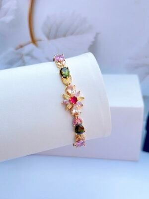 Natural multi tourmaline floral bracelet with colorful gemstones arranged in an elegant flower design"