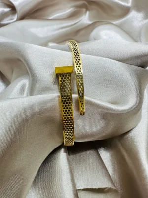 "Stainless steel tarnish-free gold bangle with sleek, minimalist design for women"